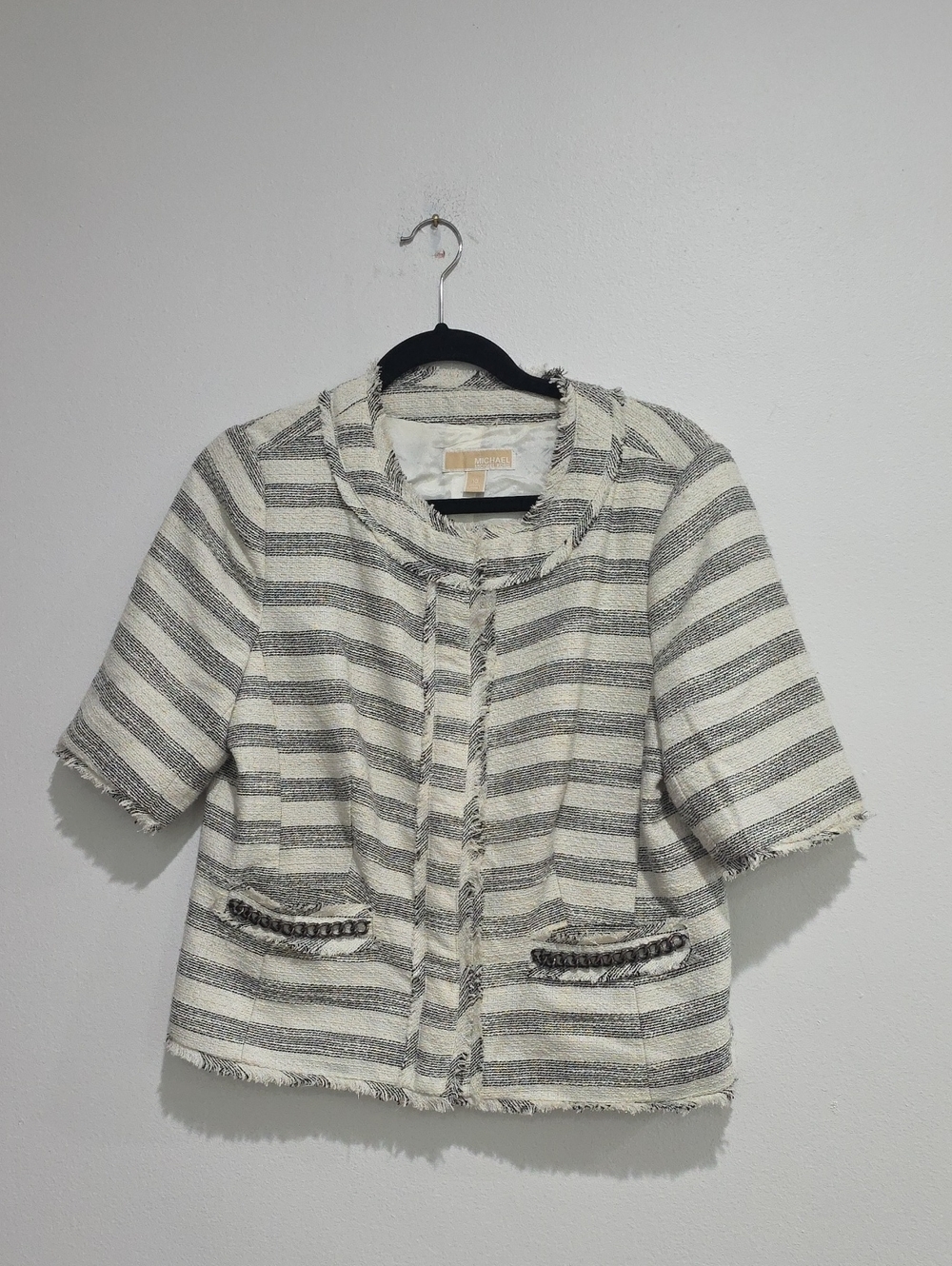 MICHAEL Michael Kors Cream & Black Striped Bouclé Jacket - Size 10 - Short Sleev